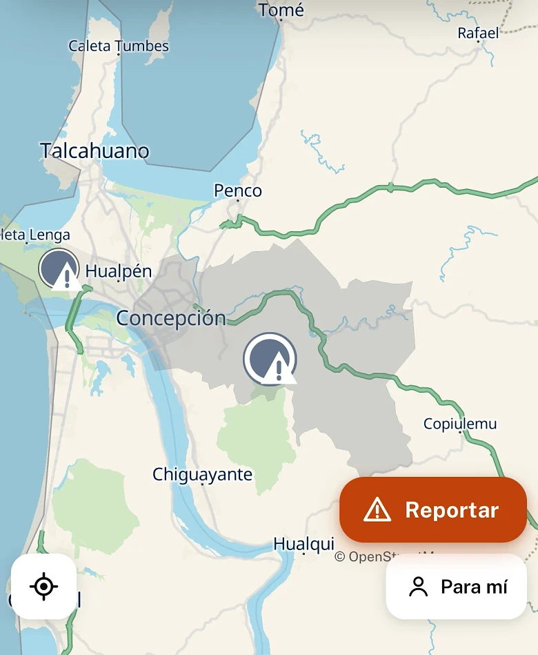 El mapa de Situal cerca de Concepción, con dos situaciones vigentes